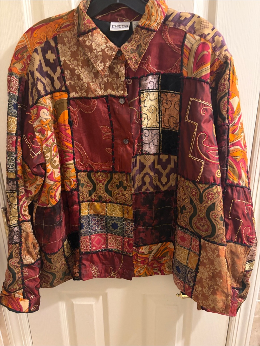 Chico's  Design Vintage Burgundy, Gold, Tan Patchwork Button-Up Jacket